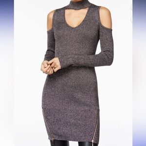 Material Girl Juniors Metallic Cold Shoulder Sweater Dress Caviar Black